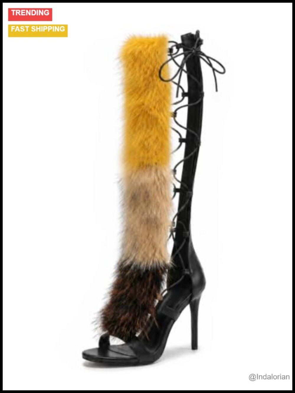 Faux Fur Knee High Strappy Stiletto Sandal Boots